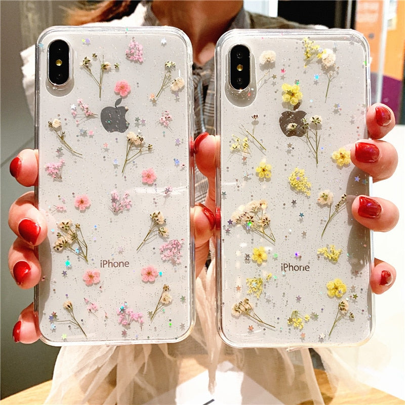 Real Dry Flower Glitter Clear Case For iPhone 8 7 Plus 6 6s Epoxy Star Transparent Case For iPhone X XR 11 Pro XS MAX Soft Cover