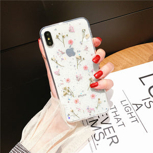 Real Dry Flower Glitter Clear Case For iPhone 8 7 Plus 6 6s Epoxy Star Transparent Case For iPhone X XR 11 Pro XS MAX Soft Cover