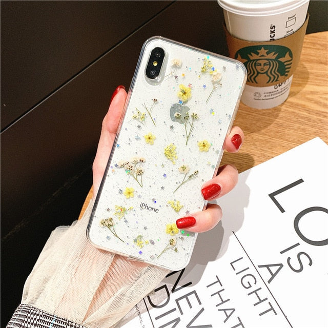 Real Dry Flower Glitter Clear Case For iPhone 8 7 Plus 6 6s Epoxy Star Transparent Case For iPhone X XR 11 Pro XS MAX Soft Cover