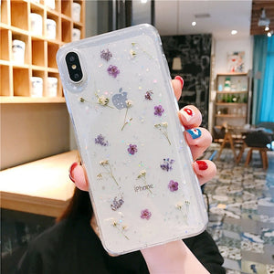 Real Dry Flower Glitter Clear Case For iPhone 8 7 Plus 6 6s Epoxy Star Transparent Case For iPhone X XR 11 Pro XS MAX Soft Cover