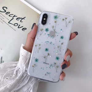 Real Dry Flower Glitter Clear Case For iPhone 8 7 Plus 6 6s Epoxy Star Transparent Case For iPhone X XR 11 Pro XS MAX Soft Cover