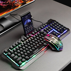 Gaming Mouse Keyboard Sets Phone Holder Metal Mechanical Feel Wired Keyboard LED Gamer With RGB Backlight Support PC Keyboard