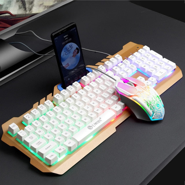 Gaming Mouse Keyboard Sets Phone Holder Metal Mechanical Feel Wired Keyboard LED Gamer With RGB Backlight Support PC Keyboard