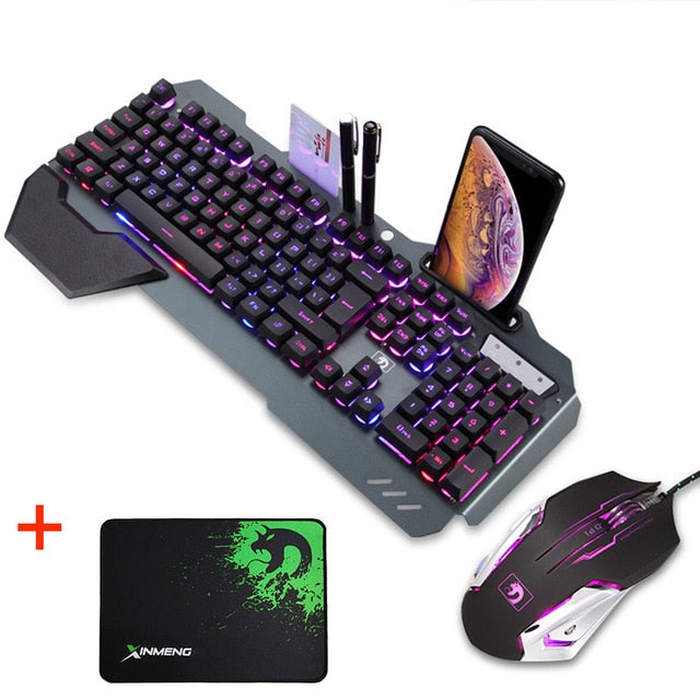 Waterproof Mechanical Rainbow Backlit Multi Shortcuts Gaming Keyboard 3200 DPI Optical Mice Mouse Pad Set with Pen Phone Holder