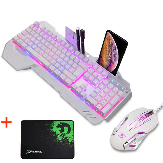 Waterproof Mechanical Rainbow Backlit Multi Shortcuts Gaming Keyboard 3200 DPI Optical Mice Mouse Pad Set with Pen Phone Holder