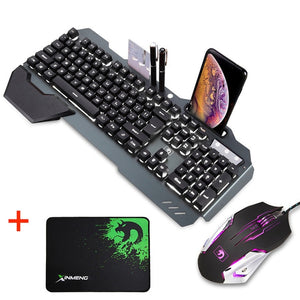 Waterproof Mechanical Rainbow Backlit Multi Shortcuts Gaming Keyboard 3200 DPI Optical Mice Mouse Pad Set with Pen Phone Holder